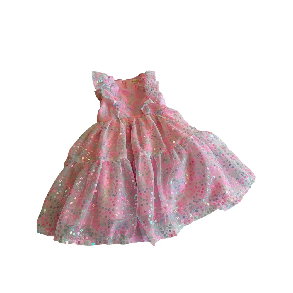 KensieGirl Little Girls Pink Tiered Floral Sequin Tulle Ruffle Dress Size 6